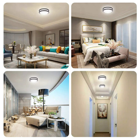 LED Double Ring Flush Mount Ceiling Light Twin Pack With 5CCT Selectable 2700K-5000K, Dimmable 5%-100%, shown in different rooms