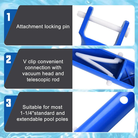 Instructional details of 2 Pack Pool Vacuum Head Replacement Kit with blue handles and V clips for pool maintenance convenience.
