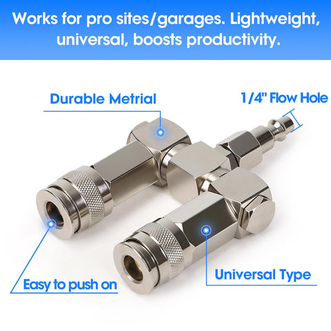 Dual Line Air Hose Splitter With 360 Degree Swivel And One Quarter NPT Steel Fittings, 300 PSI Industrial Air Compressor Connector shown