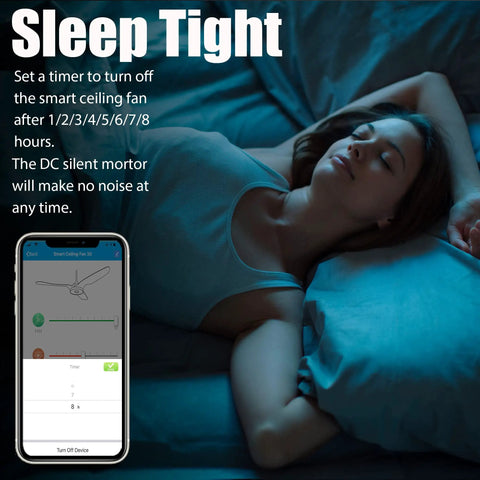 Woman sleeping with DC Reversible Outdoor Smart Ceiling Fan With 10 Speeds And Dimmable Multicolor Lights, app on screen