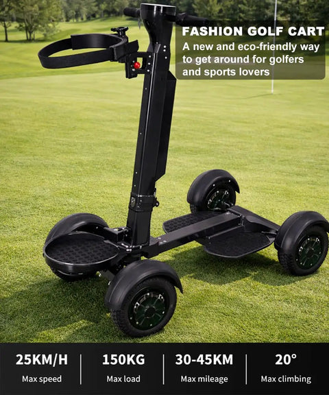 Foldable Electric Golf Scooter With Built In Seat And Umbrella Holder Powered By A 2000W Dual Motor And Dependable 48V Battery on grass, showcasing its compact design.