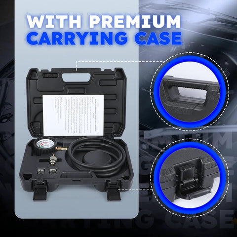 Front view of exhaust back pressure tester kit in carrying case with 6-ft hose and gauge (Amazon)
