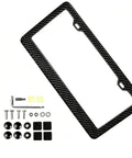 Slick Real Carbon Fiber License Plate Frame 2 Hole Slim Black Gloss Car Tag Holder with installation components.