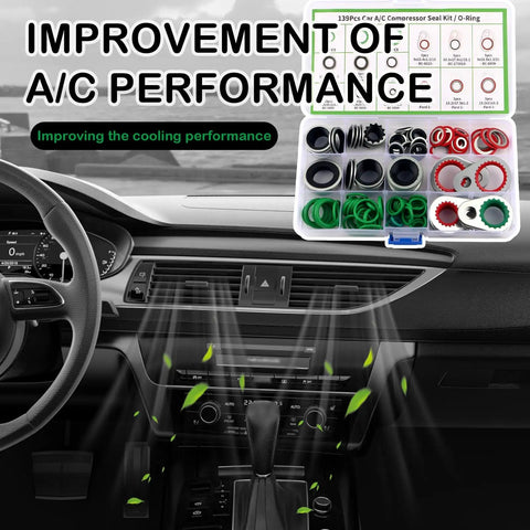 Comprehensive 139 Piece Car AC O Rings And Gasket Kit With Metal Gaskets displayed inside a vehicle interior