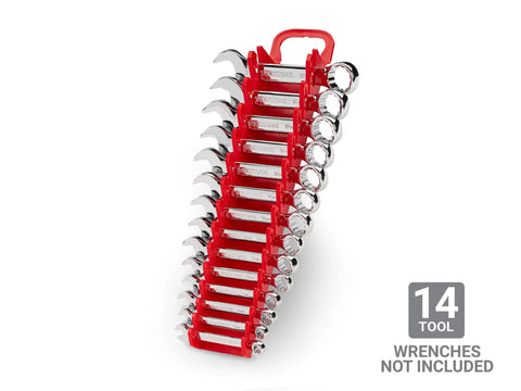 Red Stubby Wrench Holder for 14 Tools, Fits 6-19 mm Stubby Combination Wrenches, Nonslip Grippers, Durable Wall Mount Organizer for Home Garage Shop, Made in USA.
