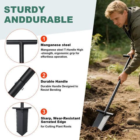 39 Inch Lightweight Metal Detecting Shovel With V Shaped Serrated Blade highlighting features for treasure hunting and gardening.