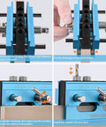 Doweling Jig Self Centering Kit With 6 Bushings For Precise Biscuit Joinery Adjustable Width Drilling Guide For Straight Holes Woodworking Dowel Jig Tool In Blue shown in four steps of setup and use on wood.