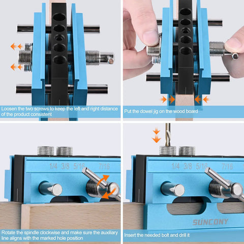 Doweling Jig Self Centering Kit With 6 Bushings For Precise Biscuit Joinery Adjustable Width Drilling Guide For Straight Holes Woodworking Dowel Jig Tool In Blue shown in four steps of setup and use on wood.