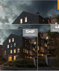 Comparison image showing 6K 12MP PoE IP Security Camera video clarity with building details under various resolutions.