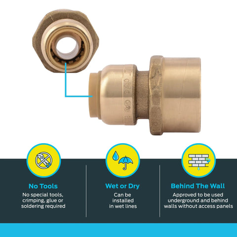 1/2 Inch To 3/4 Inch Push To Connect Brass Reducing Adapter FNPT Female End To Pipe Fitting For PEX Copper CPVC PE-RT HDPE