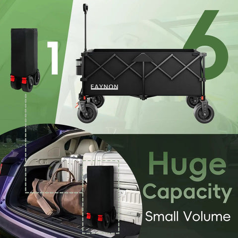 46 Inch Collapsible Wagon With 500 Pound Capacity Foldable Utility Cart All Terrain Beach Wheels Black in folded and open views