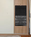 Double Sided Jewelry Hanging Storage Organizer Bag For Closet With Pouch Keeps Watches Ties Hair Accessories Locked Away For Hella Neat Dresser Vibes Forever on a wooden door.