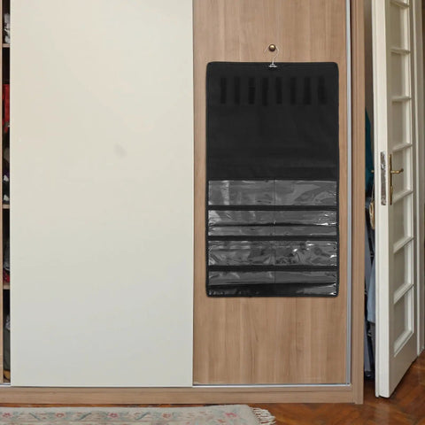 Double Sided Jewelry Hanging Storage Organizer Bag For Closet With Pouch Keeps Watches Ties Hair Accessories Locked Away For Hella Neat Dresser Vibes Forever on a wooden door.