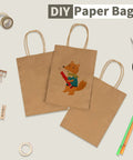 100 Pack Small Brown Kraft Paper Gift Bags With Handles 5.8x3.2x8.25 Inches Natural Kraft Bags For Party Favors, shown with DIY supplies.