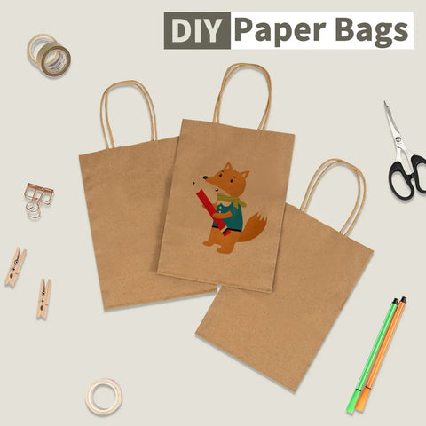 100 Pack Small Brown Kraft Paper Gift Bags With Handles 5.8x3.2x8.25 Inches Natural Kraft Bags For Party Favors, shown with DIY supplies.