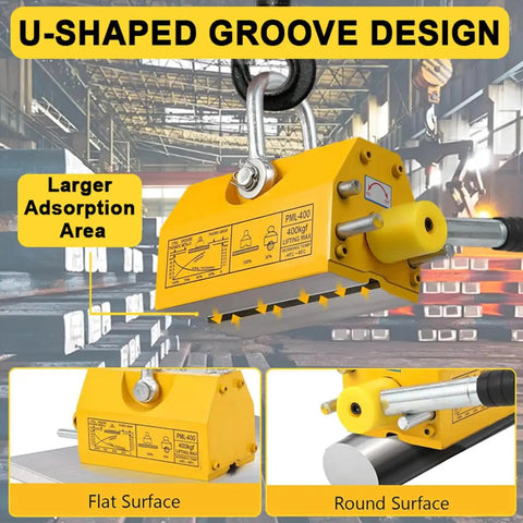 Industrial Grade Permanent Lifting Magnet With Easy Release Lever for flat and round surfaces, showing U-shaped groove design.
