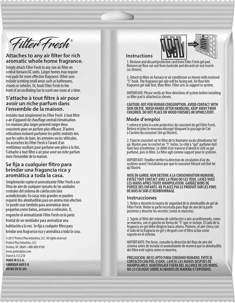 Back of FilterFresh Gardenia Scent Whole Home Air Freshener packaging showing instructions and product information.