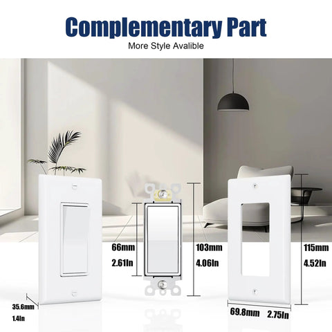 3 Way Decorator Light Switch With Wall Plates Pack of 10 15A 120/277V glossy white rocker switch and wall plate, 103mm x 69.8mm