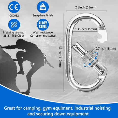 Diagram showing details of carabiner included in Beefy 8mm Static Climbing Rope With Two Steel Hooks For Outdoor Rappelling And Rescue kit.