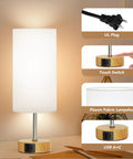 Set Of 2 Touch Control Table Lamps With 3 Way Dimming, USB Ports And AC Outlets with white shades, touch switch, and wood base detail