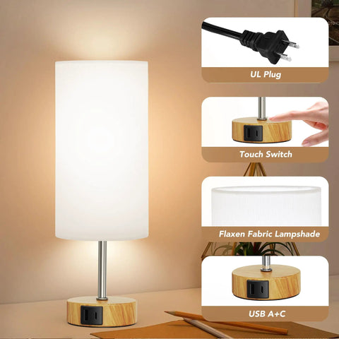 Set Of 2 Touch Control Table Lamps With 3 Way Dimming, USB Ports And AC Outlets with white shades, touch switch, and wood base detail