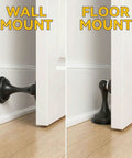 Heavy Duty Matte Black Magnetic Door Stopper 2 Pack Multi Angle Wall Guard Stops Slamming Doors Cold Big Game Changer For Hallways And Apartments Non Slip Base shown in wall mount and floor mount positions.