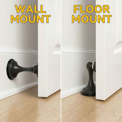 Heavy Duty Matte Black Magnetic Door Stopper 2 Pack Multi Angle Wall Guard Stops Slamming Doors Cold Big Game Changer For Hallways And Apartments Non Slip Base shown in wall mount and floor mount positions.