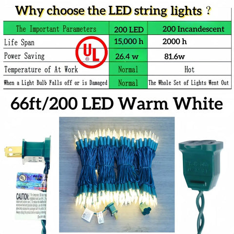 Comparison chart and bundle of 200 LED Warm White Christmas Lights On 66ft Green Wire UL Certified Commercial Grade