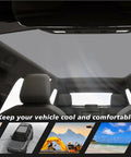 Custom Foldable Roof Sunshade For Rivian R2 Gray Heat Reflective Cover inside vehicle, blocking sun and glare.