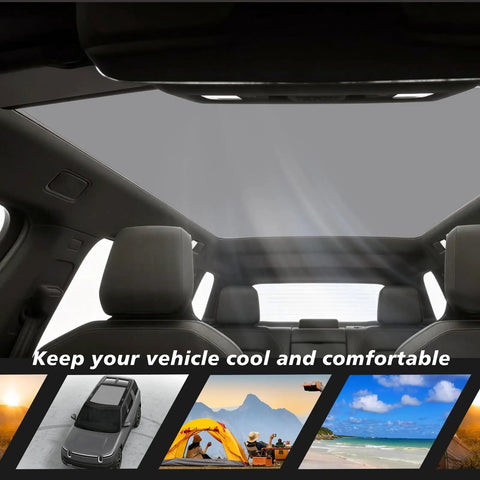 Custom Foldable Roof Sunshade For Rivian R2 Gray Heat Reflective Cover inside vehicle, blocking sun and glare.