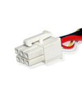 Close-up of white connector with red, black, and white wires for the Beefy 24V High Force Linear Actuator With 12 Inch Stroke And 2000 Lbs Capacity