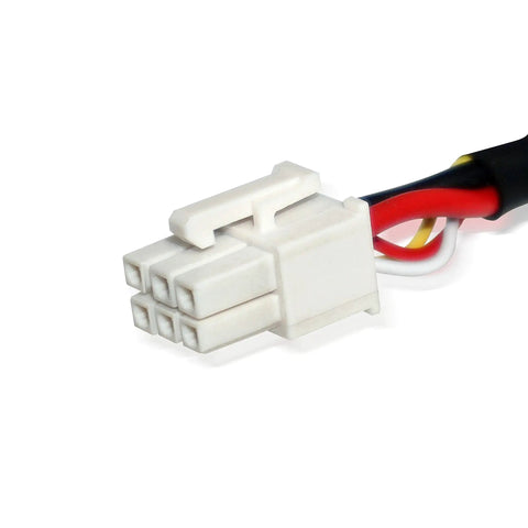 Close-up of white connector with red, black, and white wires for the Beefy 24V High Force Linear Actuator With 12 Inch Stroke And 2000 Lbs Capacity