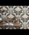 Snag This Killer Big Cat Print PVC Free Wallpaper Featuring A Premium Matte Linen Texture Durable Wallcovering Designed To Level Up Your Interior Design Game Today with a black big cat design and a modern desk setup.