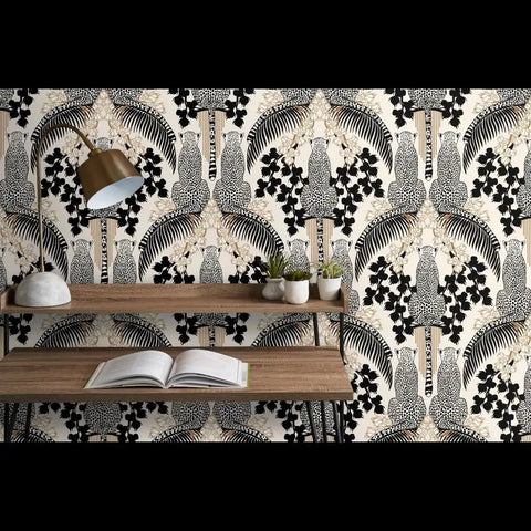 Snag This Killer Big Cat Print PVC Free Wallpaper Featuring A Premium Matte Linen Texture Durable Wallcovering Designed To Level Up Your Interior Design Game Today with a black big cat design and a modern desk setup.
