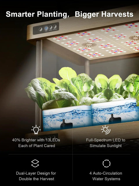 Dope Two Tier Indoor Hydroponic Garden With Full Spectrum LED Grow Lights showcasing lettuce growth on a solid wood frame.