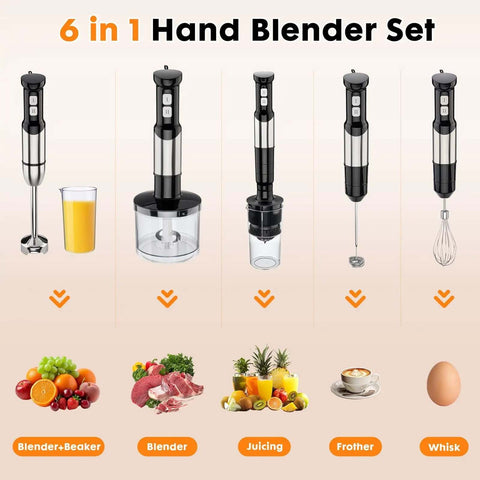 6 in 1 Hand Blender Set featuring Heavy Duty Handheld Immersion Blender 6 In 1 Electric Mixer, Stainless Steel Stick Blender.