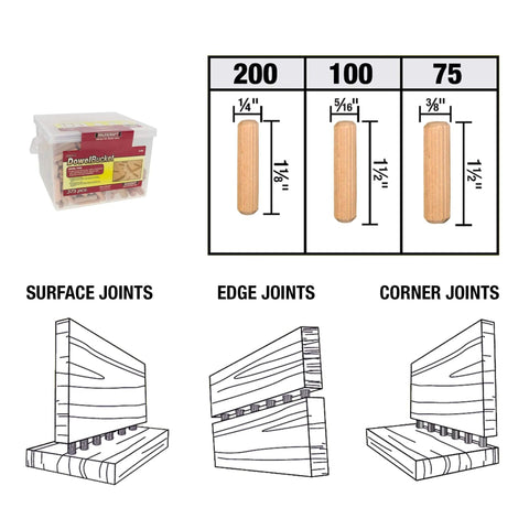 Hardwood Dowel Pin Bucket With Three Hundred Seventy Five Dowels In One Quarter Inch Five Sixteenths Inch And Three Eighths Inch Fluted