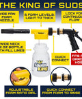 Car Wash Foam Gun And Foam Cannon For Garden Hose Scratch Free Suds Sprayer with wide neck bottle and adjustable foam settings.