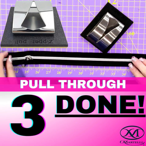 Pink Zipper Pull Installer Tool for easy zipper pull replacement in sewing and quilting projects displayed on grid mat.
