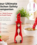 Heavy Duty 3 In 1 Kitchen Lift Tool With Sure Fire Non Slip Heat Safe Grip For Holding Bowls Casseroles Pot Lids And Bottle Caps Quick Mixing Sidekick And Serving Essential In Bright Red, shown in use with a bowl.