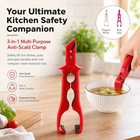 Heavy Duty 3 In 1 Kitchen Lift Tool With Sure Fire Non Slip Heat Safe Grip For Holding Bowls Casseroles Pot Lids And Bottle Caps Quick Mixing Sidekick And Serving Essential In Bright Red, shown in use with a bowl.