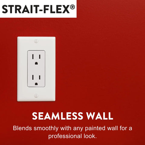 Drywall Patch Kit For Electrical Outlets And Receptacles Pre Cut No Fuss Fix For Mis Cuts And Damage Around Receptacles Fast Strong Sandable Repair Fits Standard Electrical Boxes 10 Pack installed around an outlet on a red wall.