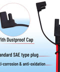 Straight Up Heavy Duty 2 Ft Sae Battery Connector Cable, 12 Awg Copper Wire Harness With Fuse Blocks And Polarity Adapter, Tough Plug And Play Setup For Chargers, Solar Panels And Moto Batteries showing a standard SAE plug with dustproof cap.