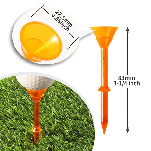 Ultra Durable Three And One Quarter Inch Plastic Golf Tees Forty Pack With Big Cup Design shown in orange with measurements