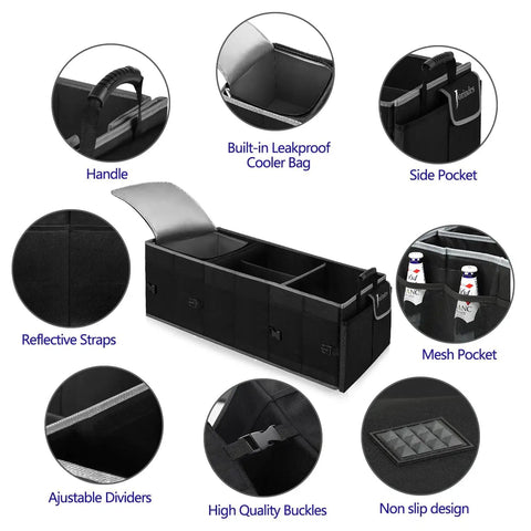Built In Insulated Leak Proof Cooler Bag Trunk Organizer For SUV Collapsible Cargo Organizer with compartments and side pockets