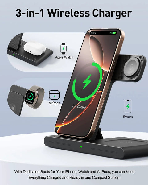 Travel Ready 3 In 1 Wireless Fast Charger Station charging iPhone, Apple Watch, and AirPods in a compact portable dock