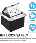Pop Up Floor Box Kit With Waterproof GFCI Outlet Cover and Hidden 20A Tamper Resistant Receptacle, Slow Open Damping, Aluminum Weatherproof Box IP44 UL Certified Silver Finish shown with emphasis on features including tamper-resistant shutters and fire-retardant material.