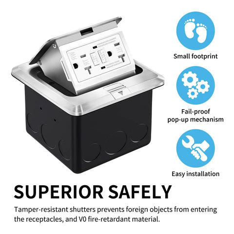 Pop Up Floor Box Kit With Waterproof GFCI Outlet Cover and Hidden 20A Tamper Resistant Receptacle, Slow Open Damping, Aluminum Weatherproof Box IP44 UL Certified Silver Finish shown with emphasis on features including tamper-resistant shutters and fire-retardant material.