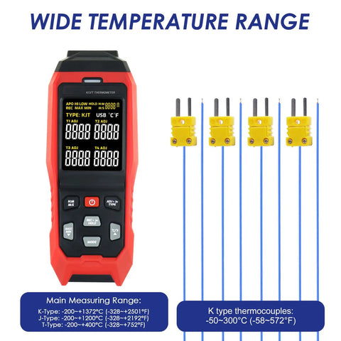 Four Channel Thermocouple Data Logger Thermometer Workhorse with K, J, and T type thermocouples and USB export