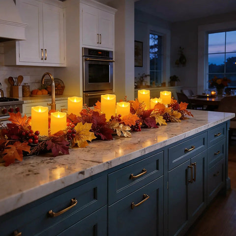 Battery Operated Tea Lights Flameless LED Votive Candles Pack Of 200 With Warm Yellow Glow arranged on a kitchen island